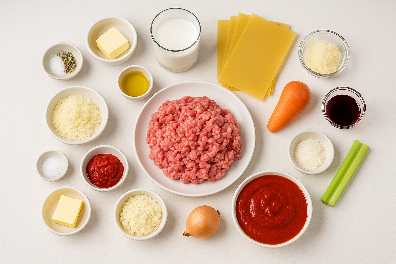 All ingredients for Lasagna alla Bolognese arranged on a table – ground beef, pasta sheets, onion, carrot, celery, tomato passata, parmesan, butter, milk, olive oil, and red wine.