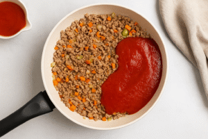 Pan with ground beef, onion, carrot, and celery, with tomato sauce being added – preparation of the ragù for Lasagna alla Bolognese.