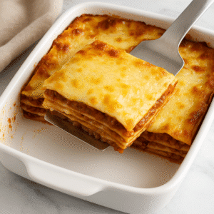 Lasagna Bolognese served on a plate with visible layers