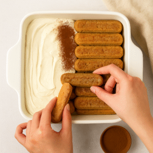 Layering espresso-dipped ladyfingers with mascarpone cream for classic Tiramisu.