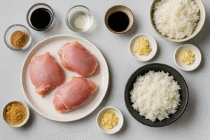 Ingredients for homemade Chicken Teriyaki: chicken thighs, soy sauce, mirin, sake, brown sugar, ginger, garlic, and rice.