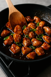 Chicken pieces simmering in teriyaki sauce inside a hot pan, caramelizing with a glossy glaze.