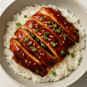 Bowl of steamed rice topped with glazed Chicken Teriyaki, sprinkled with sesame seeds and fresh green onions.