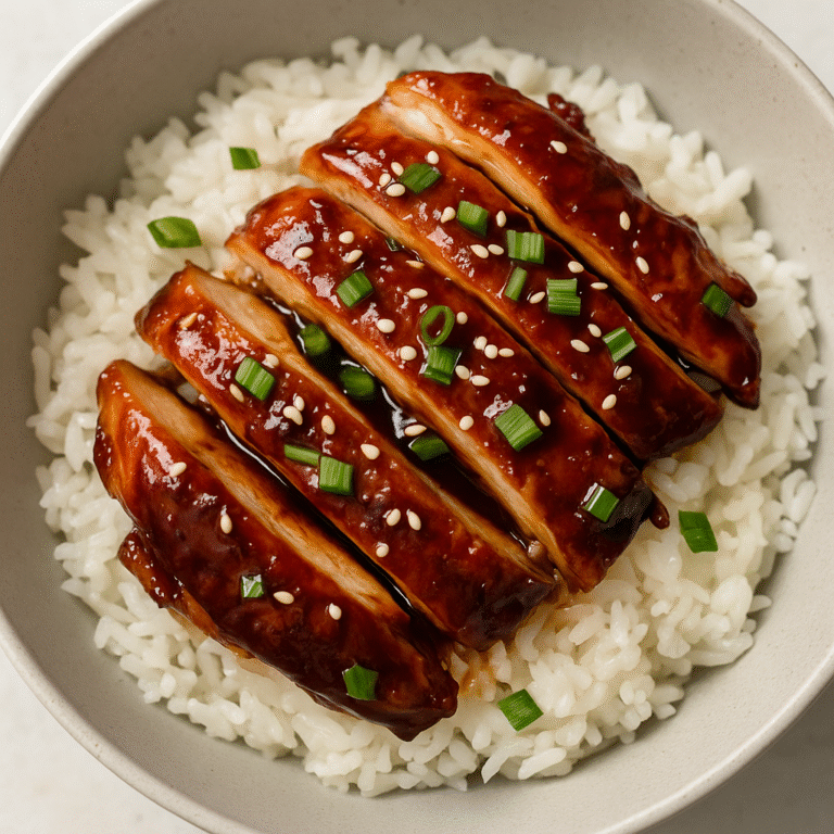 Bowl of steamed rice topped with glazed Chicken Teriyaki, sprinkled with sesame seeds and fresh green onions.