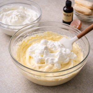 Folding whipped egg whites into mascarpone cream to make a light, airy classic tiramisu mixture.