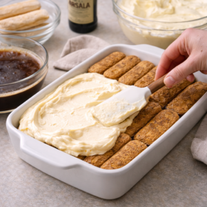 Spreading mascarpone cream over espresso-soaked ladyfingers to layer classic tiramisu.