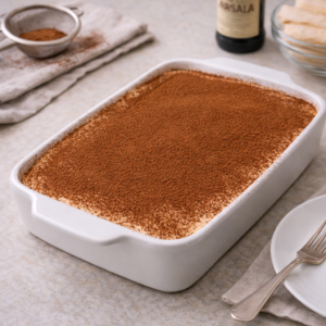 Classic tiramisu chilled and dusted with cocoa powder before serving.