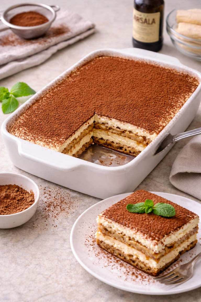 Classic tiramisu final dish with a cocoa-dusted top and a creamy layered slice ready to serve.