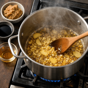 Preparing the broth for authentic Japanese ramen with garlic, ginger, and sesame oil simmering in a pot.
