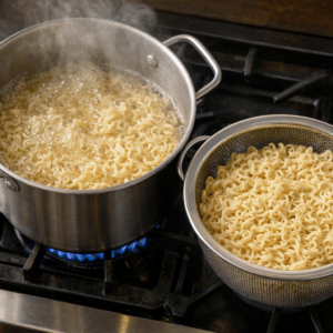 Cooking ramen noodles for authentic Japanese ramen in boiling water, then draining them well.