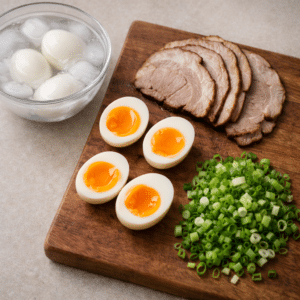 Authentic Japanese ramen toppings on a cutting board with soft-boiled eggs, sliced meat, and chopped spring onions.