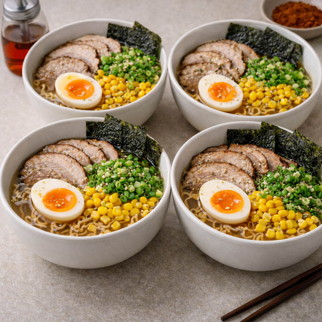 Garnished authentic Japanese ramen bowls topped with sesame seeds, ready to serve hot with chili oil or soy sauce.