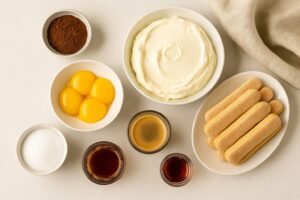 All ingredients for classic Tiramisu: mascarpone, eggs, sugar, espresso, ladyfingers, cocoa, Marsala.