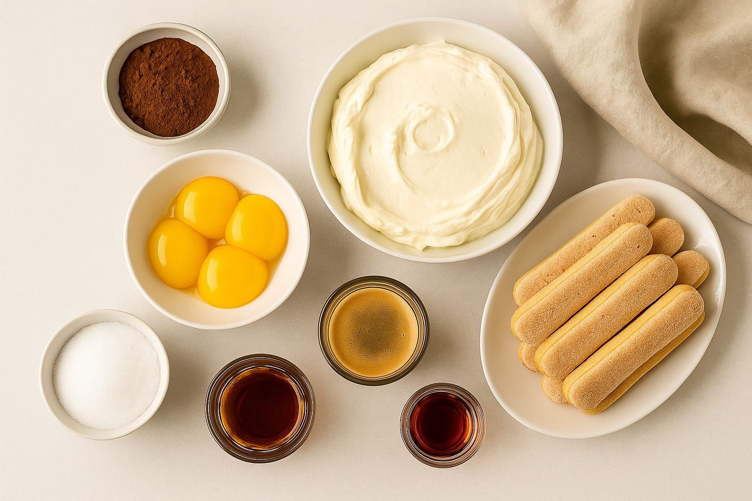 All ingredients for classic Tiramisu: mascarpone, eggs, sugar, espresso, ladyfingers, cocoa, Marsala.
