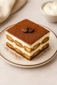 Classic Tiramisu slice with visible layers of espresso-soaked ladyfingers and mascarpone cream.