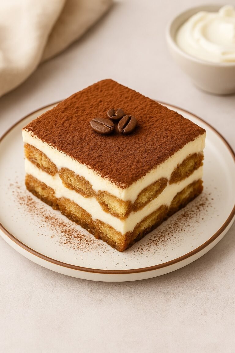 Classic Tiramisu slice with visible layers of espresso-soaked ladyfingers and mascarpone cream.