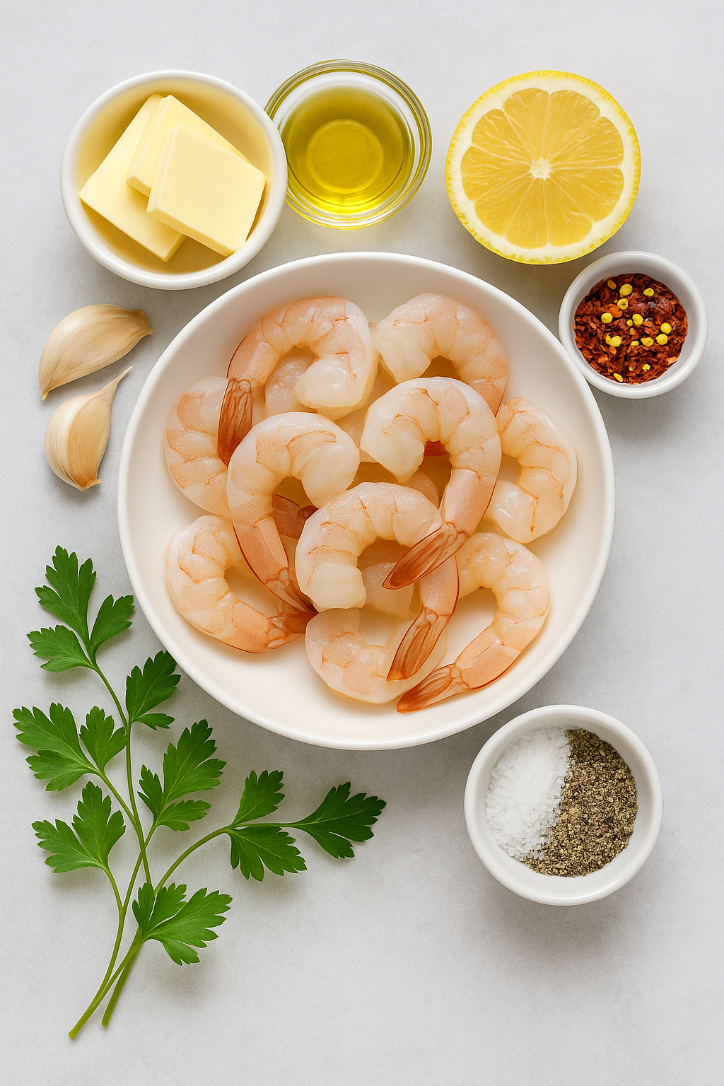 Garlic Butter Shrimp ingredients – shrimp, butter, garlic, lemon, parsley, chili flakes.