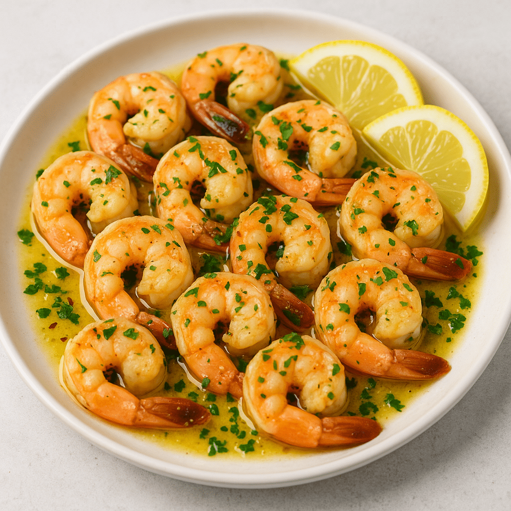 Garlic Butter Shrimp served with lemon and parsley – quick 15-minute shrimp recipe.