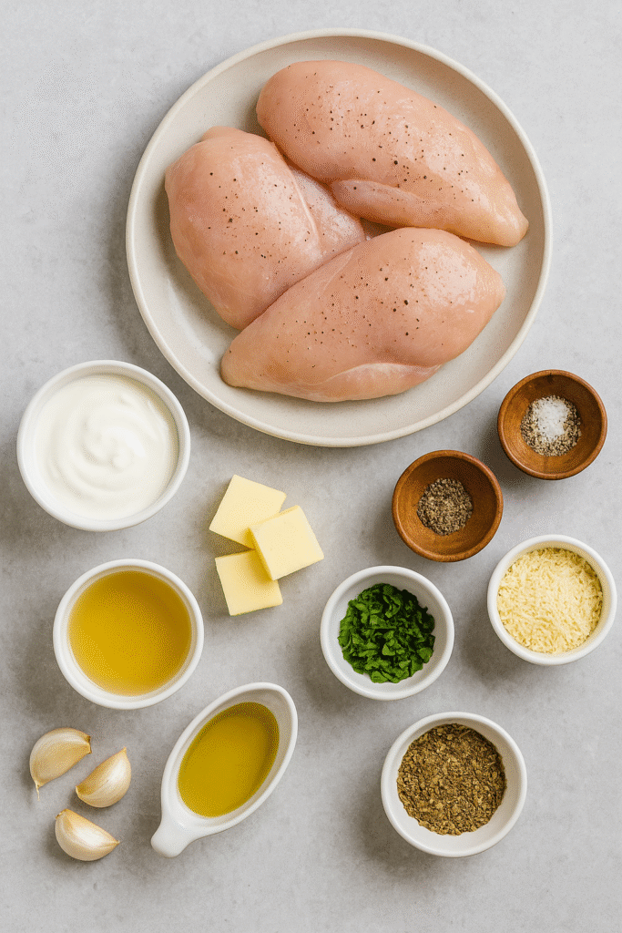 Ingredients for creamy garlic butter chicken — raw chicken breasts, butter, garlic cloves, cream, parmesan cheese, herbs, and olive oil on a wooden table.