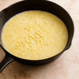 Garlic butter sauce simmering in a skillet with cream and parmesan, forming a rich and smooth texture.