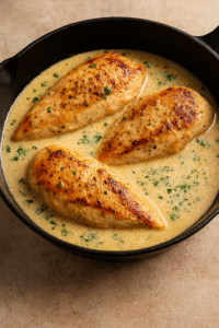 Chicken breasts simmering in creamy garlic butter sauce, topped with parsley and herbs for the perfect creamy garlic butter chicken.