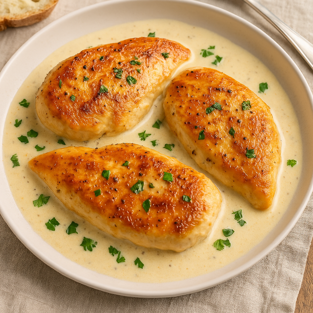 Creamy Garlic Butter Chicken served on a white plate, covered with golden sauce and sprinkled with fresh parsley.