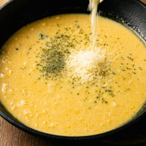 Adding grated Parmesan cheese and Italian herbs into the creamy garlic butter sauce in a skillet, as it thickens for creamy garlic butter chicken.