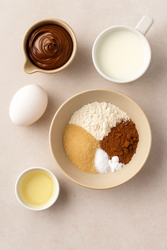 Ingredients for nutella mug cake — Nutella, flour, cocoa powder, milk, sugar, egg, and baking powder on a wooden table.