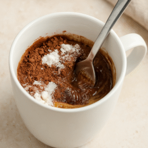 Adding flour, cocoa powder, sugar, and baking powder into the mug to make the nutella mug cake mixture.
