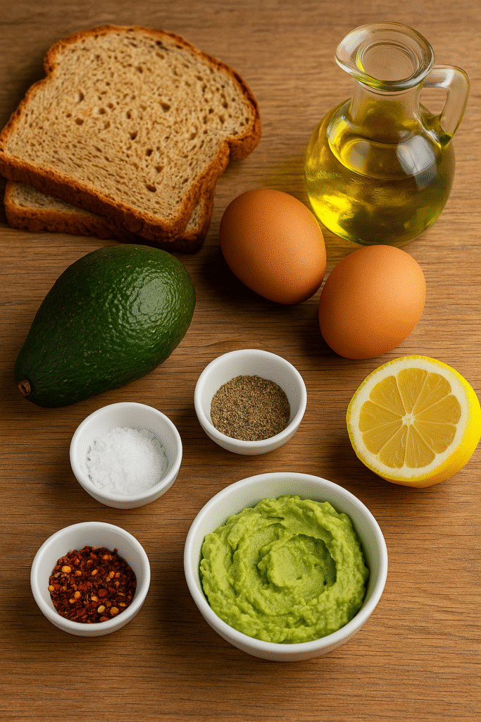 Avocado egg toast ingredients – avocado, eggs, bread, olive oil, lemon, and spices on a wooden table.