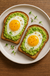 Avocado egg toast served on a plate with chili flakes and microgreens.