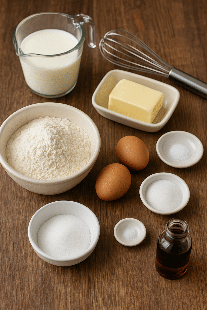 Fluffy pancakes ingredients – flour, milk, eggs, butter, sugar, and baking powder on a wooden table.