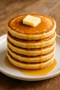 Stack of fluffy pancakes with butter and maple syrup on a plate.