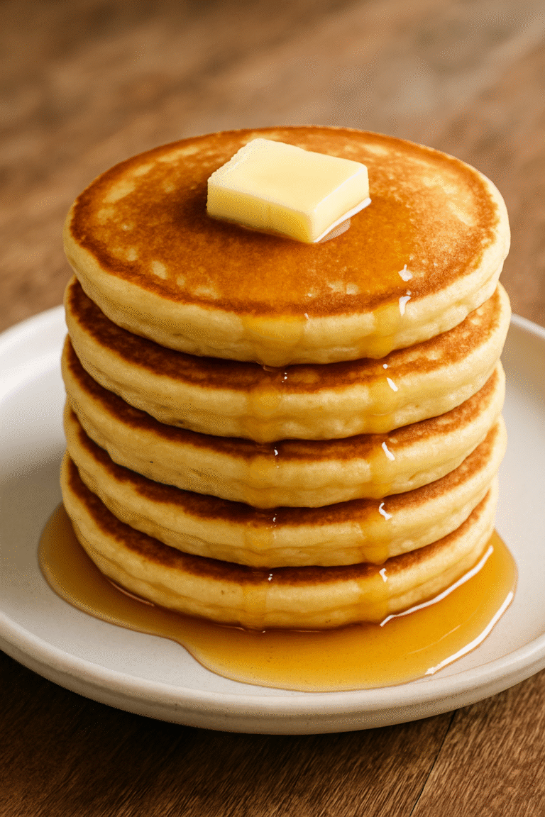 Stack of fluffy pancakes with butter and maple syrup on a plate.
