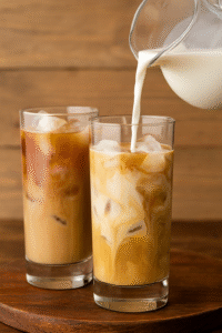 Pouring milk into iced coffee to create a layered swirl effect.