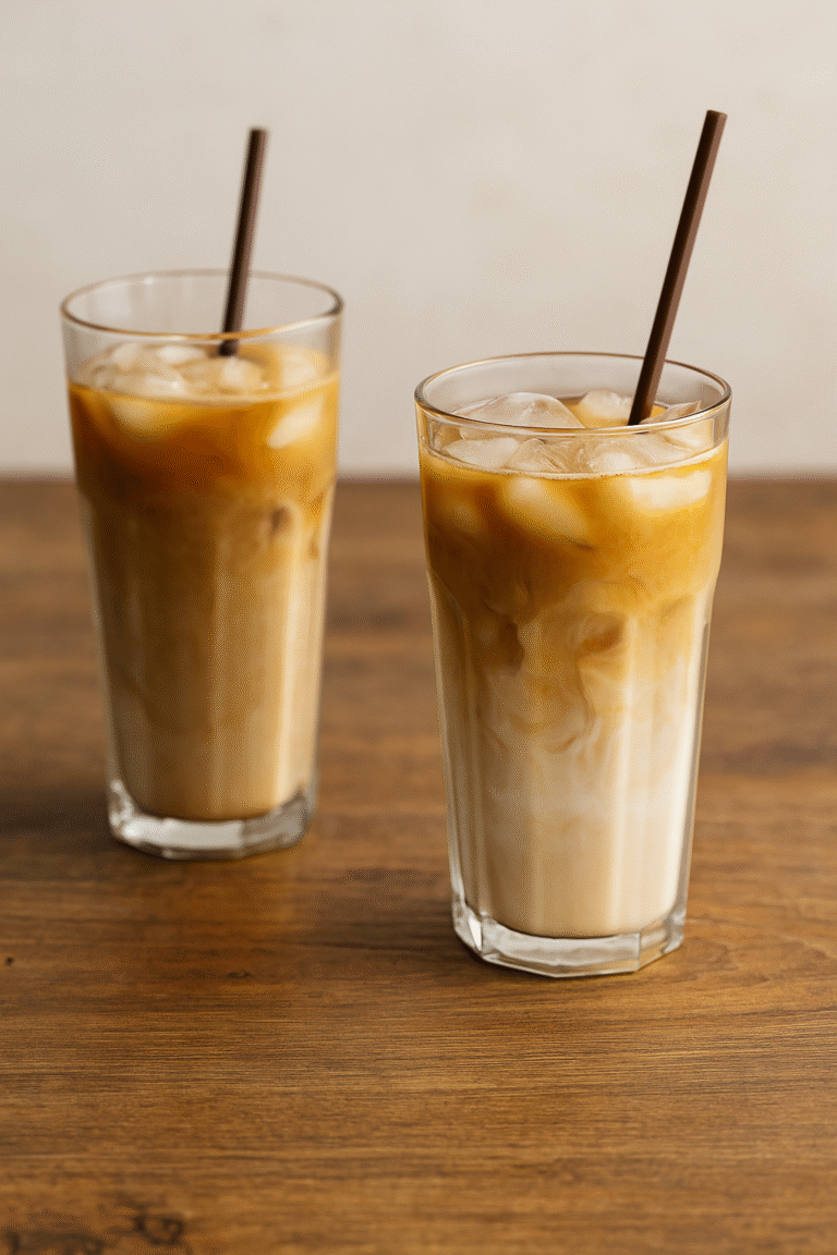 Two tall glasses of iced coffee with milk and straws on a wooden table.