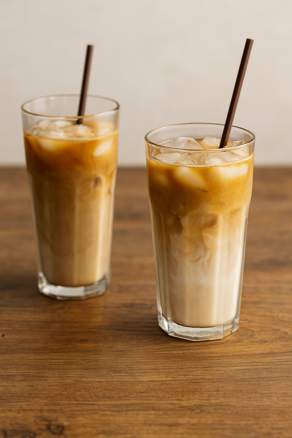 Two tall glasses of iced coffee with milk and straws on a wooden table.