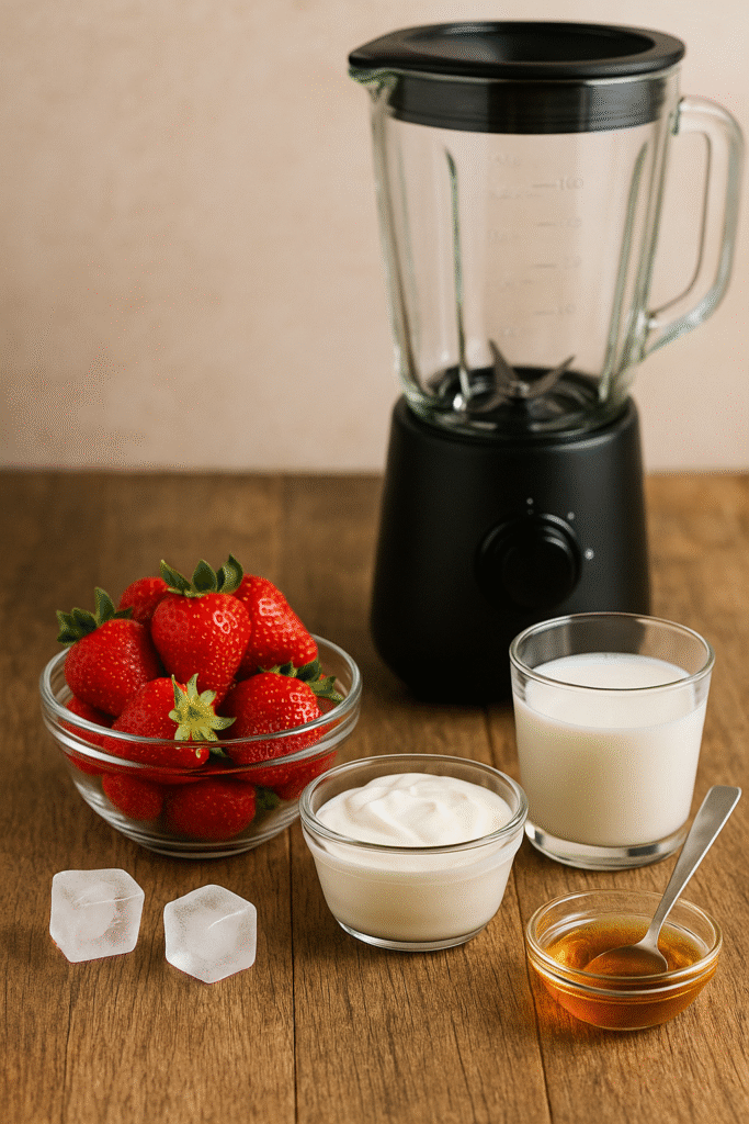 Strawberry smoothie ingredients – fresh strawberries, yogurt, milk, honey, and ice cubes on a wooden table.
