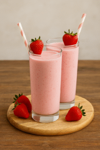 Two tall glasses of strawberry smoothie with fresh strawberries and straws.