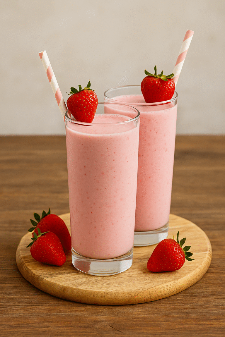 Two tall glasses of strawberry smoothie with fresh strawberries and straws.