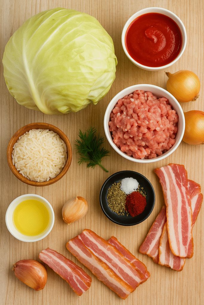 Ingredients for Romanian cabbage rolls – sour cabbage, minced pork, rice, onions, tomato sauce, bacon, and spices on a wooden table.