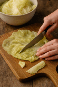 Preparing cabbage leaves for Romanian cabbage rolls, trimmed and ready for filling.