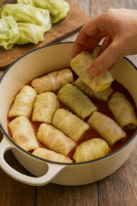 Romanian cabbage rolls being placed into a pot with tomato sauce and bacon before cooking.