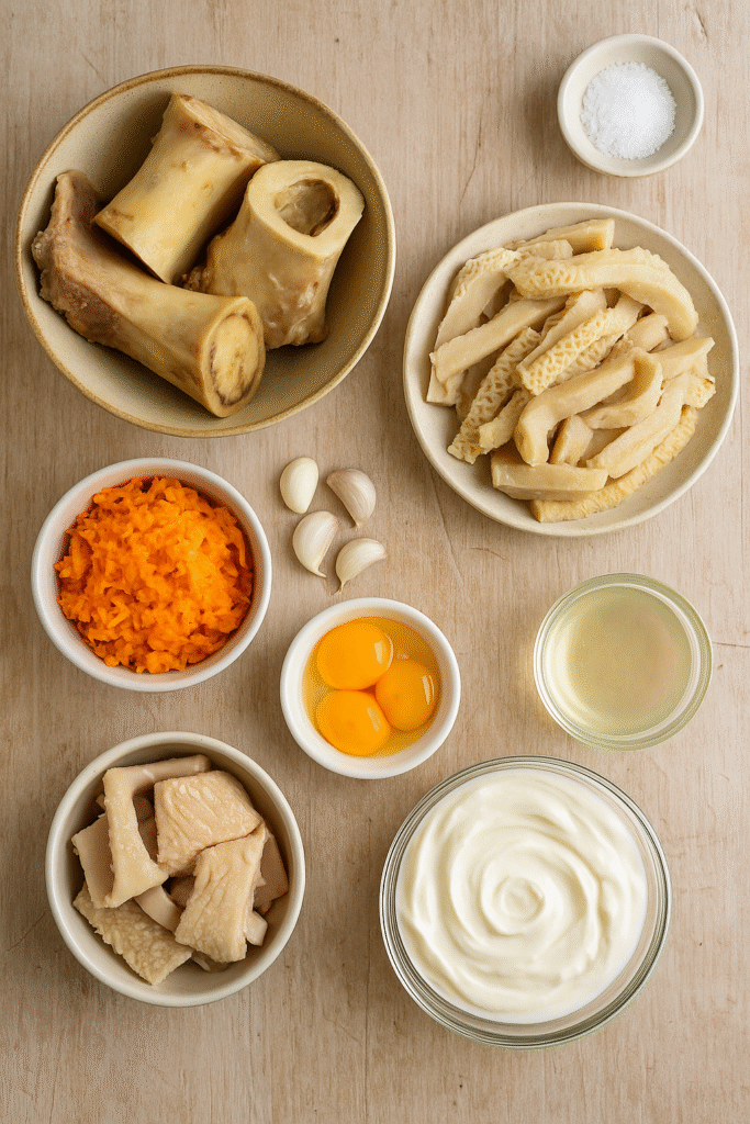 Ingredients for Romanian tripe soup – beef bones with marrow, pre-cooked tripe, grated carrot, garlic, eggs, sour cream, and vinegar arranged on a rustic wooden table.