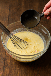 Sour cream, egg yolks, and garlic mixture being tempered with hot broth for Romanian tripe soup.