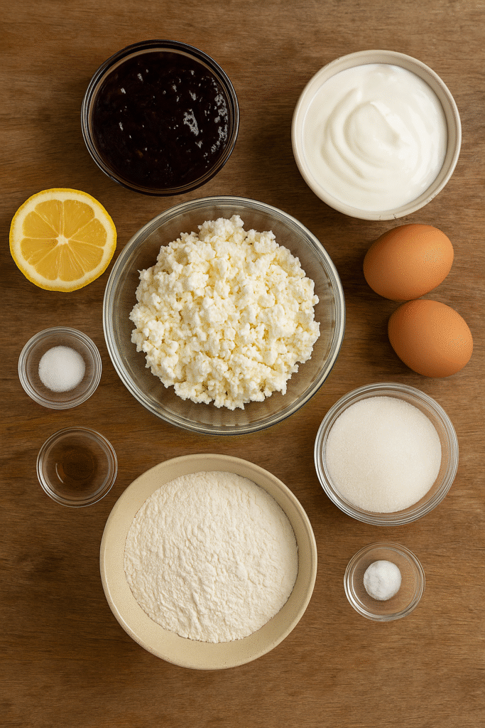 Ingredients for authentic Romanian papanasi recipe – cottage cheese, eggs, flour, sugar, and jam arranged on a rustic table.