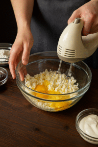 Mixing cottage cheese, eggs, sugar, and lemon zest for the Romanian papanasi recipe using a hand mixer.