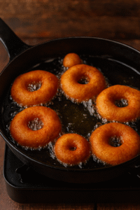 Frying papanasi in hot oil until golden brown for the traditional Romanian papanasi recipe.