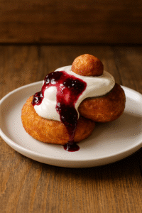 Serving the Romanian papanasi recipe with sour cream and berry jam on a white plate.
