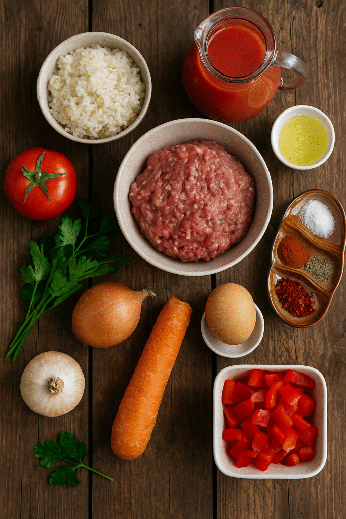 Ingredients for Romanian meatball soup – minced pork, rice, vegetables, and spices arranged on a rustic wooden table.